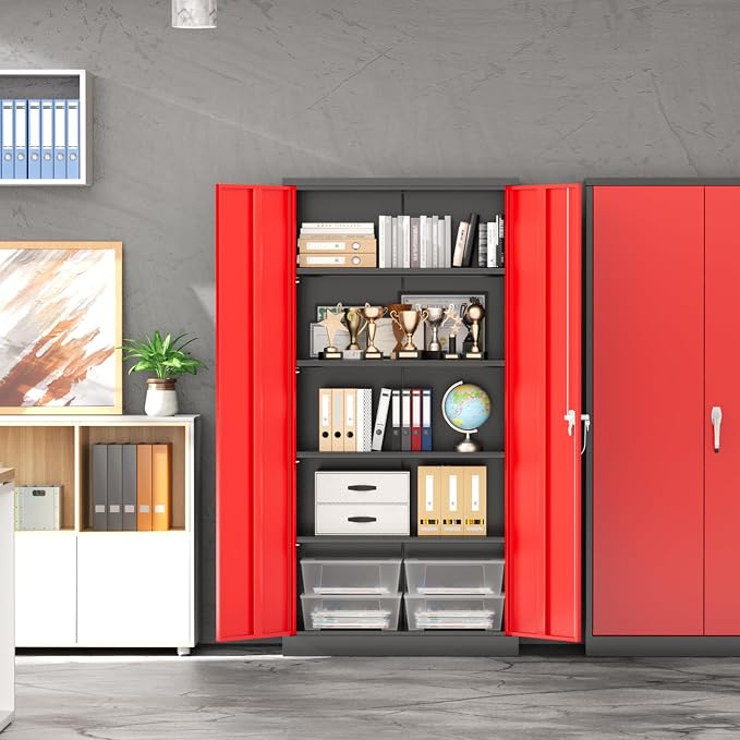 INTERGREAT Metal Garage Storage Cabinet with Lock, 72" Storage Cabinet with Locking Doors and 4 Adjustable Shelves, Lockable Steel Tool Cabinet for Home Office, School, Black Red