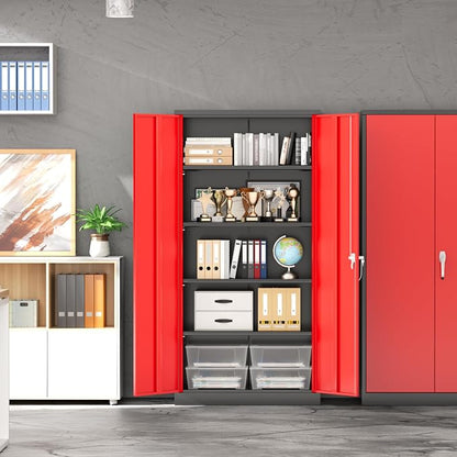 INTERGREAT Metal Garage Storage Cabinet with Lock, 72" Storage Cabinet with Locking Doors and 4 Adjustable Shelves, Lockable Steel Tool Cabinet for Home Office, School, Black Red