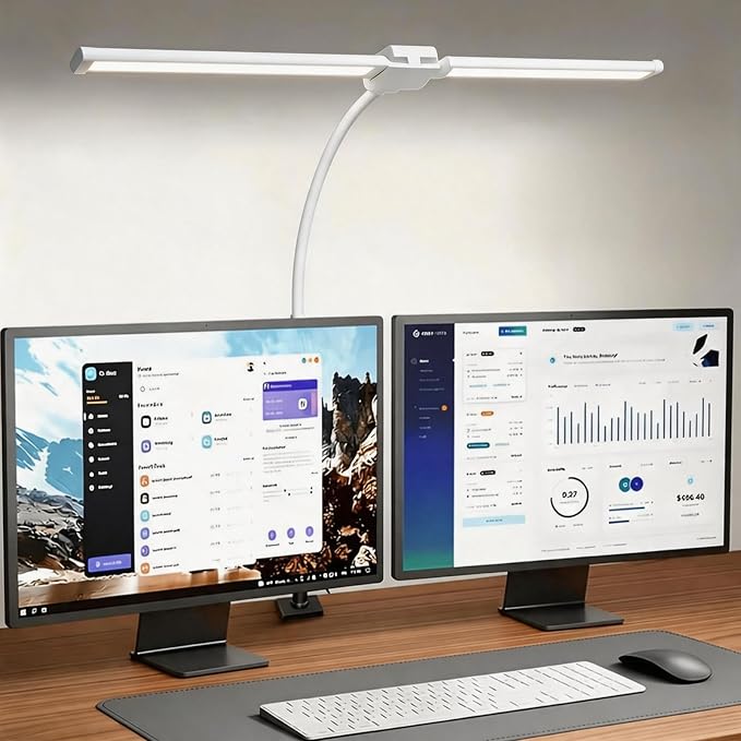 LED Desk Lamp for Home Office, Eye-Care Architect Light with Clamp, Double Head Computer Monitor Table Light with 3 Color Modes 10 Brightness, Adjustable for Reading, Study, Drafting, Workbench, White
