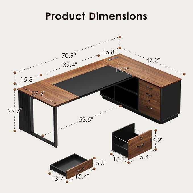 AODK 71 Inch L Shaped Executive Desk with Drawers and File Cabinet, Large Office Desk with Storage Shelves, Corner Computer Desk for Home Office, Walnut + Black