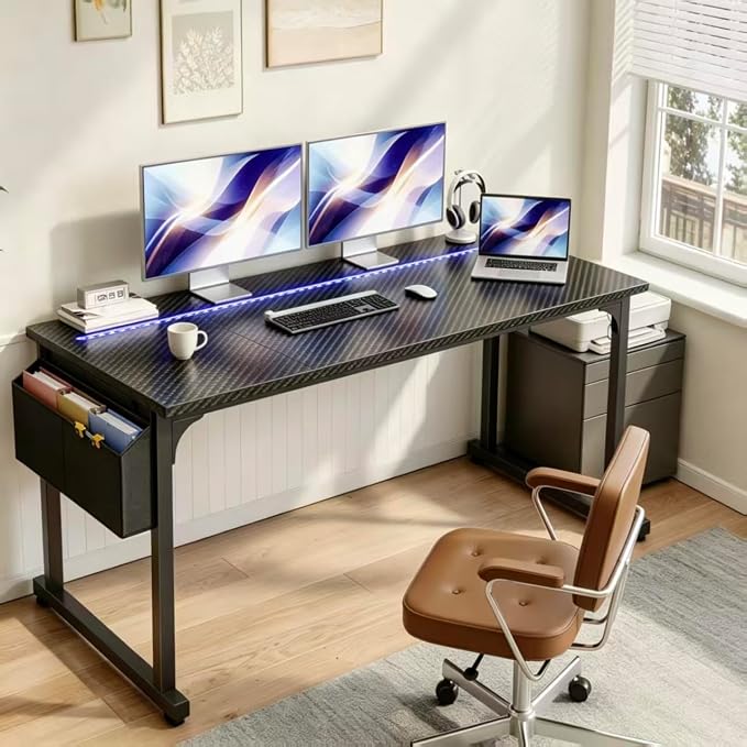DurayLoly 63" Gaming Desk with LED Lights,Computer Desk with Storage Bag for Home Office, Long Desk with Headphone Hook for Study Writing Work Wood Desk,Sturdy Metal Frame,Bedroom,Black