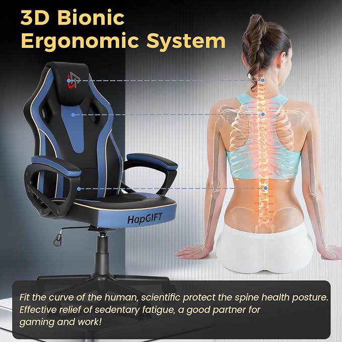 HapGIFT Gaming Chair for Adults, PU Leather Computer Gaming Chair with Link Armrest, Racing Style Gamer Chair, Height Adujustable Ergonomic Swivel PC Office Chair for Home, 300lbs (BLACK BLUE)