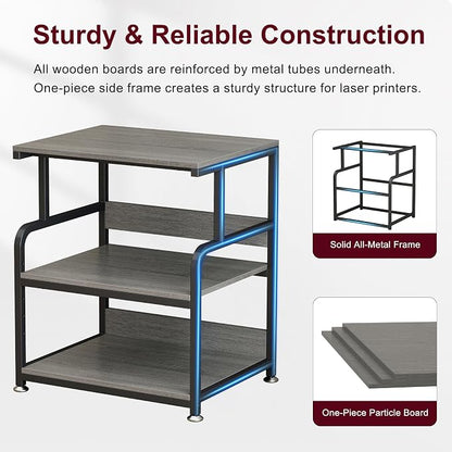 Large Printer Table with Storage, 3 Tier Printer Stand with Wheels, Printer Cart for Home Office, Desk for Printer, Paper Shredder, Scanner, Gray