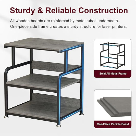 Large Printer Table with Storage, 3 Tier Printer Stand with Wheels, Printer Cart for Home Office, Desk for Printer, Paper Shredder, Scanner, Gray