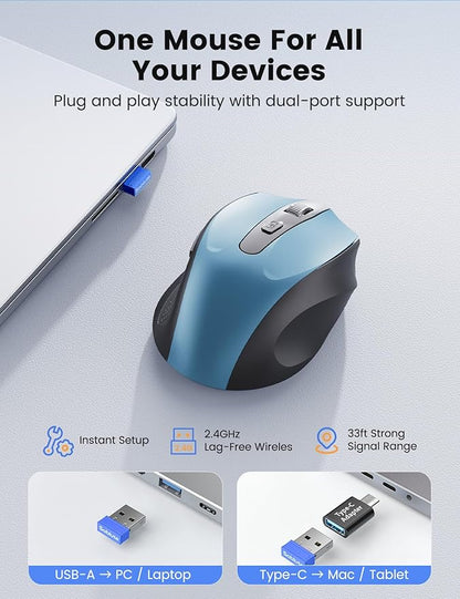 SABLUTE Wireless Mouse for Laptop, Blue Computer Mouse with USB-A&USB-C Receiver, Office Cordless Mice with 6 Buttons & 3 Level DPI for Small to Medium Hands, Works with PC, Desktop, Tablet M21
