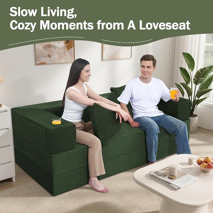 COMAX Queen Size Boneless Couch, 79" Futon Sofa Bed Couches for Living Room, 4 in 1 Convertible Sleeper Sofa Corduroy Couch Bed Foam in a Box, Foldable Cloud Couch Floor Mattress, Green