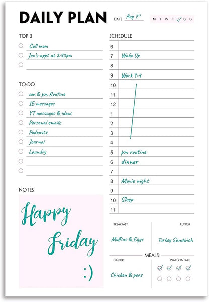 Daily Planner Notepad - A5 Calendar, Scheduler, Organizer with Priority, To Do List, Appointments, Notes, Meals and Water Intake Tracker, 50 Undated Tear-Off Sheets Planning Pad, 5.8"x8.25"