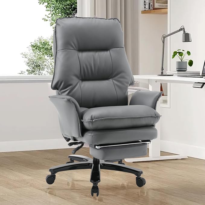 Big and Tall Office Chair 500LBS, Ergonomic Gaming Chair Reclining Office Chair with Foot Rest for Adult,Pu Leather Computer Desk Chair with Adjustable Armrests for Home Living Room,Grey