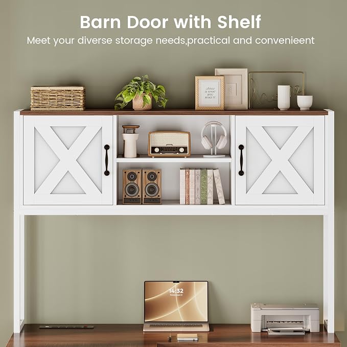 SEDETA Farmhouse L Shaped Desk with Hutch, Reversible 86.6" Computer Desk with Power Outlet, Drawers and LED Light for Home Office/Two Person, Corner Desk with Storage Shelves, White and Brown
