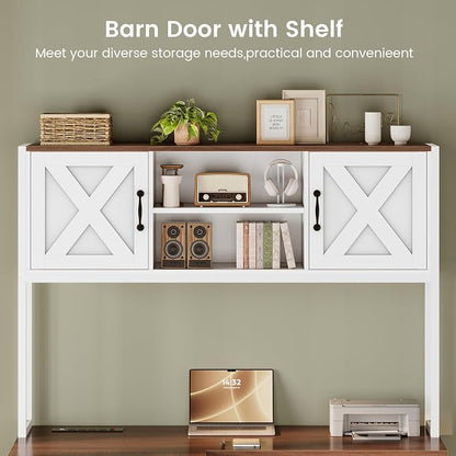 SEDETA Farmhouse L Shaped Desk with Hutch, Reversible 86.6" Computer Desk with Power Outlet, Drawers and LED Light for Home Office/Two Person, Corner Desk with Storage Shelves, White and Brown
