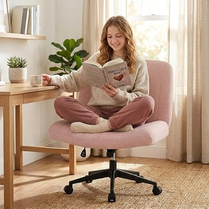 Criss Cross Chair with Wheels Wide Cross Legged Cute Office Desk Comfy Vanity Makeup Chair Fabric Height Adjustable Swivel for Home Computer Task, Pink