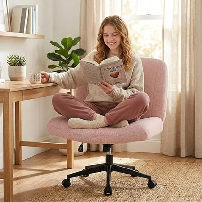 Criss Cross Chair with Wheels Wide Cross Legged Cute Office Desk Comfy Vanity Makeup Chair Fabric Height Adjustable Swivel for Home Computer Task, Pink