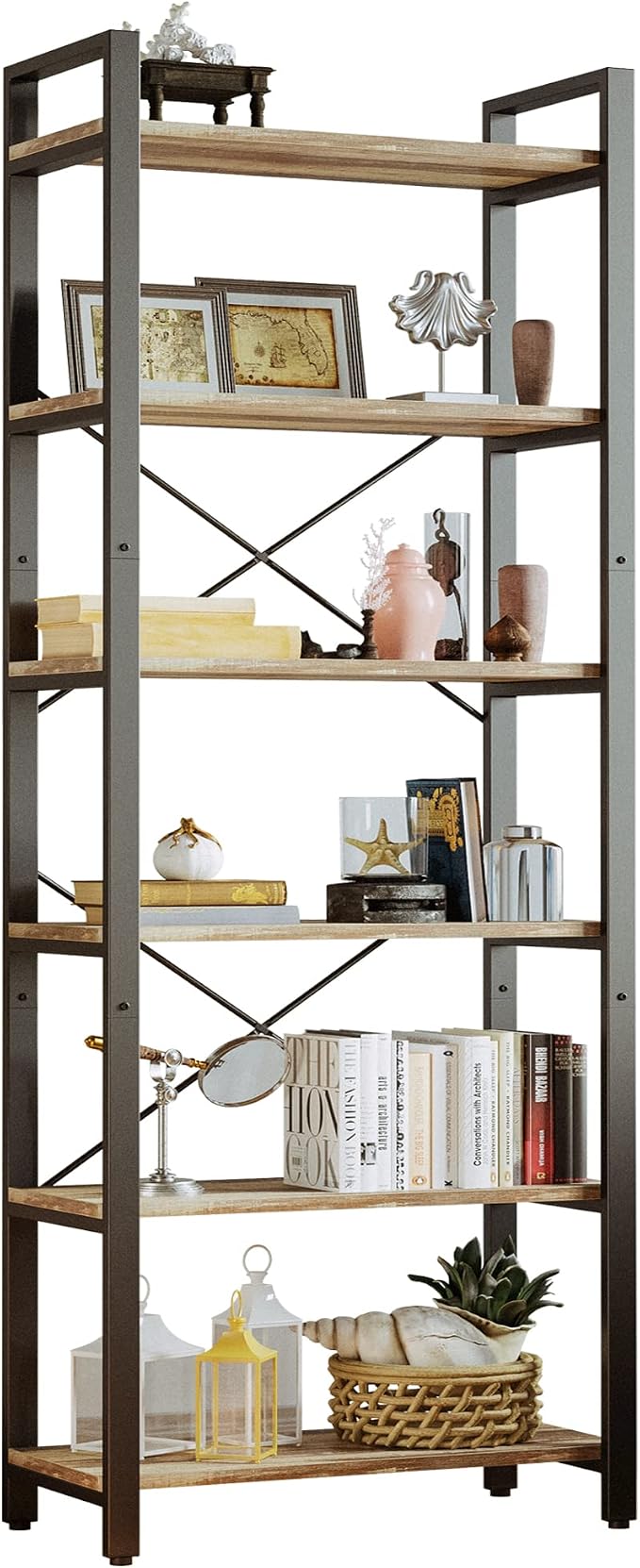 IRONCK Bookshelf 6-Tier Ladder Shelf 110 lbs or Shelf Display Shelf Vintage Industrial Style Bookcase for Home Office, Living Room