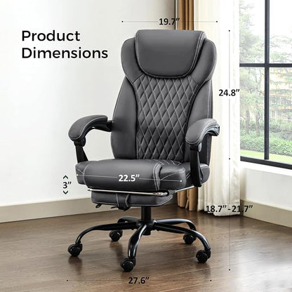 amseatec Big and Tall Office Chair with Footrest, Ergonomic Leather High Back Computer Chair Infinite Lock Reclining 90°-135°,20 Spring Packs,300lbs Executive Desk Chair for Home Office（Gray）