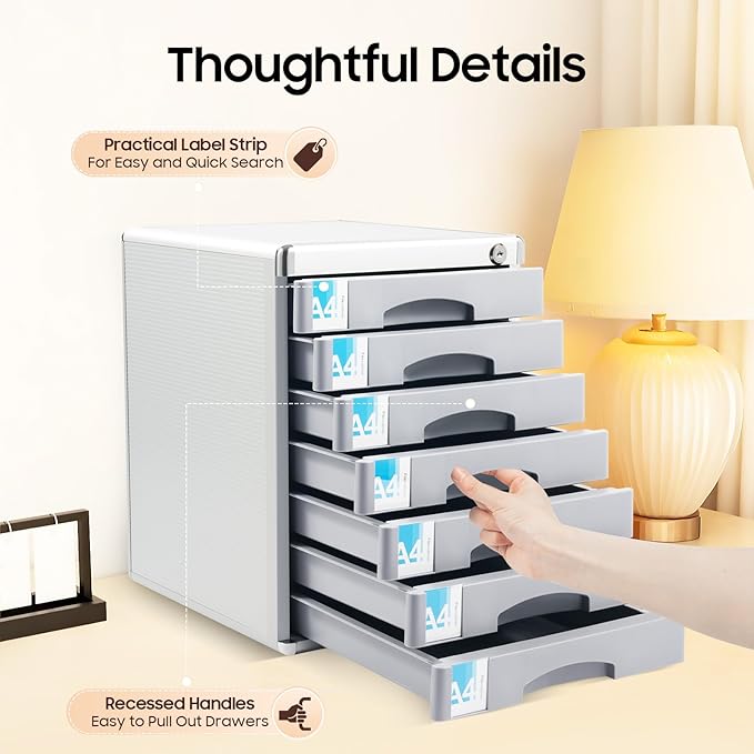 File Cabinet with Drawers Office Document Storage Box Filing Organzier Lockable Desktop Drawer Organizer for Papers Mail Notebooks Stationery (7-layer)