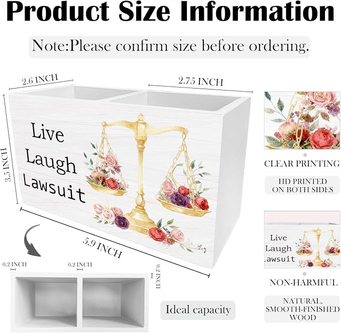 Funny Lawyer Gifts Pen Holder for Desk, Live Laugh Lawsuit Justice Scale Wooden Box Sign Desk Decor for Law School Office Decoration, Attorney Gifts for Women Pencil Organizer