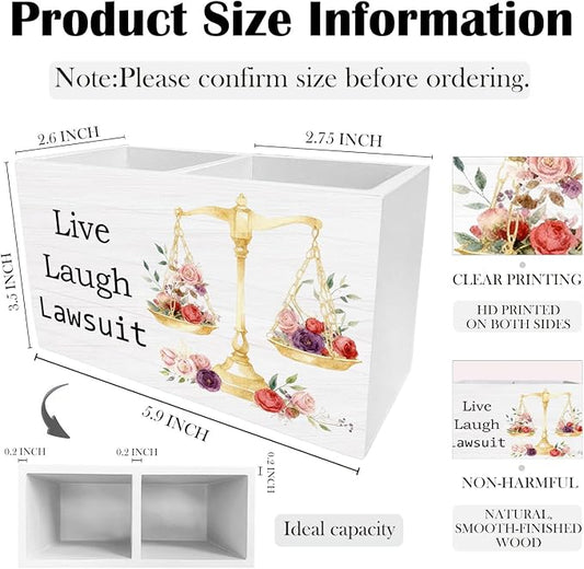 Funny Lawyer Gifts Pen Holder for Desk, Live Laugh Lawsuit Justice Scale Wooden Box Sign Desk Decor for Law School Office Decoration, Attorney Gifts for Women Pencil Organizer