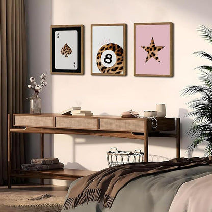 Pink and Black Leopard Wall Art, Lucky Girl 8 Ball Wall Decor Set of 3 Cheetah Lucky Star Poster Canvas Prints, Coquette Modern Teen Pictures for Bedroom Living Room 16x24 inch Framed