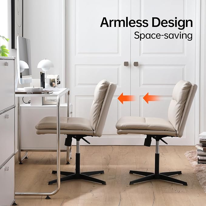 EMIAH Armless Office Desk Chair No Wheels PU-Padded Vanity Mid-Back Ergonomic Home Computer Comfortable Adjustable Swivel Task Chair with Thickened Cushion