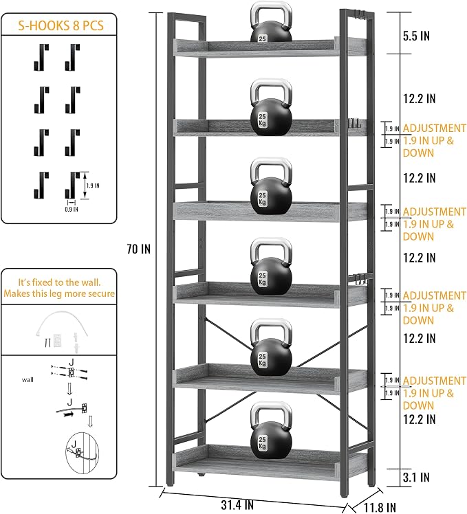 HCHQHS 6 Tier Bookshelf, Adjustable Industrial Bookcase, Vertical Tall Book Shelf, Wood and Black Metal Open Bookshelves for Home Office, Living Room, Bedroom