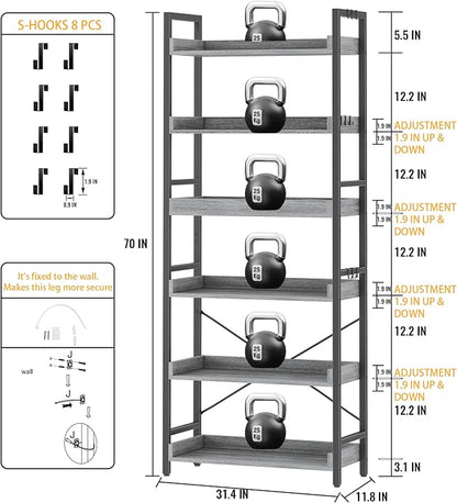 HCHQHS 6 Tier Bookshelf, Adjustable Industrial Bookcase, Vertical Tall Book Shelf, Wood and Black Metal Open Bookshelves for Home Office, Living Room, Bedroom