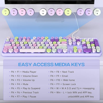 MOWUX Computer Keyboard Wired, Plug and Play USB Retro Round Typewriter Keyboard, Full Size Wired Keyboard with Foldable Stands for Laptop and Office PC- Purple Colorful