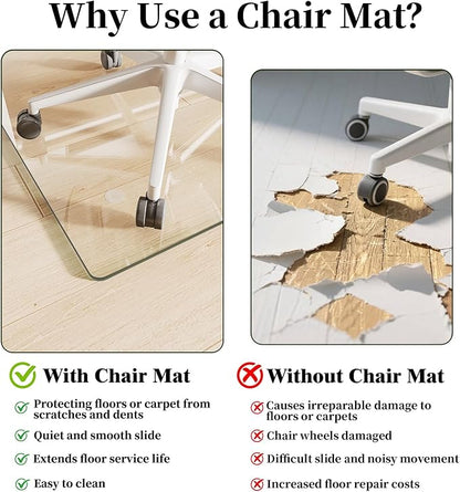 Glass Chair Mat 46" x 55" Heavy Duty Tempered Glass Office Chair Mat, Glass Floor Mat with Round Corner and Polished Edge for Smooth Glide, Office Chair Mat for Carpet, Hardwood Floor