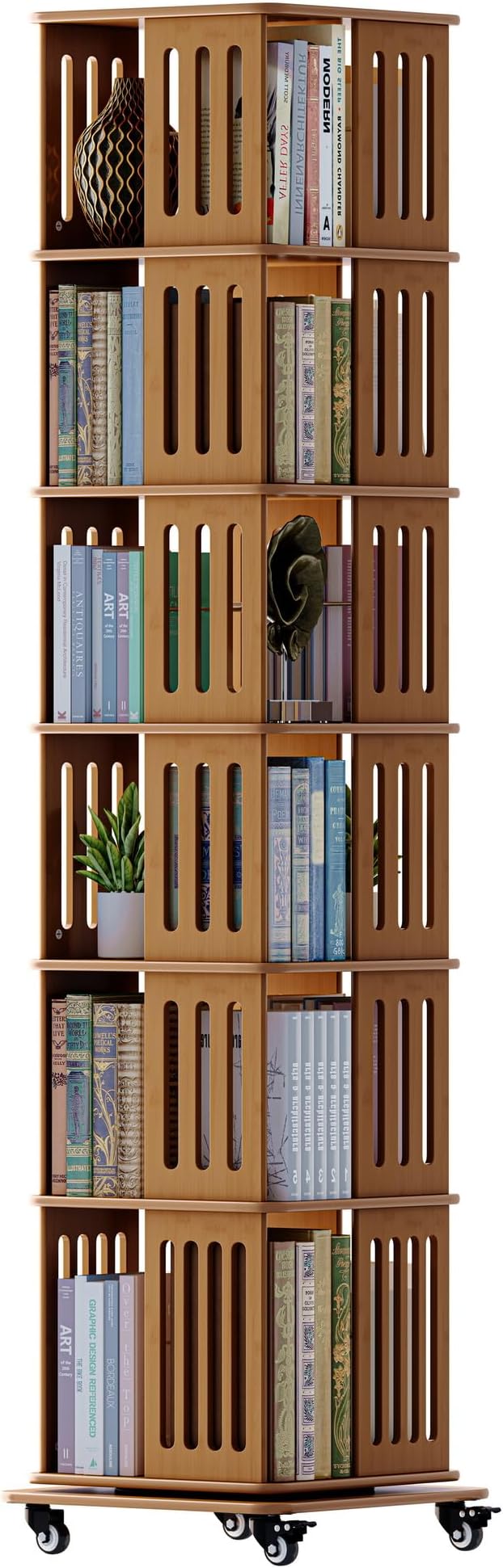 Turosur Rotating Bookshelf with Wheels, 6 Tier Spinning Bookshelf Tower, Solid Wood Revolving Bookcase with Storage for Small Spaces, 360 Display Square Rotating Book Shelf for Living Room, Walnut
