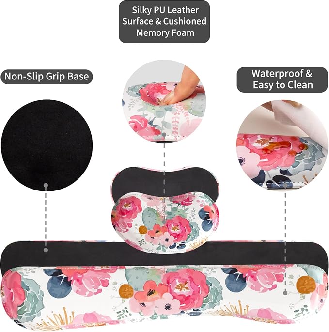 QIYI Leather Desk Mat Set, 4-in-1 Large Mouse Pad with Ergonomic Wrist Rest, Waterproof Desk Pad + Keyboard Wrist Rest + Mouse Wrist Support + Coaster, Non-Slip Office Gaming Accessories, Pink Flowers
