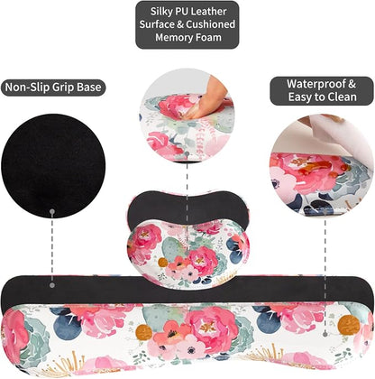 QIYI Leather Desk Mat Set, 4-in-1 Large Mouse Pad with Ergonomic Wrist Rest, Waterproof Desk Pad + Keyboard Wrist Rest + Mouse Wrist Support + Coaster, Non-Slip Office Gaming Accessories, Pink Flowers