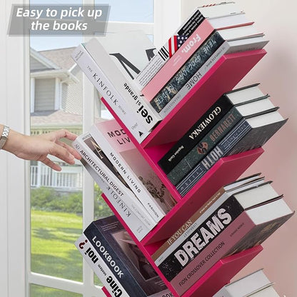 SHEEPAM 8 Tier Tree Bookshelf with Drawer, Free Standing Wood Bookcase for Narrow Space, Storage Organizer Bookshelves for Books, Book Case for Home Office, Living Room, Bedroom - Pink