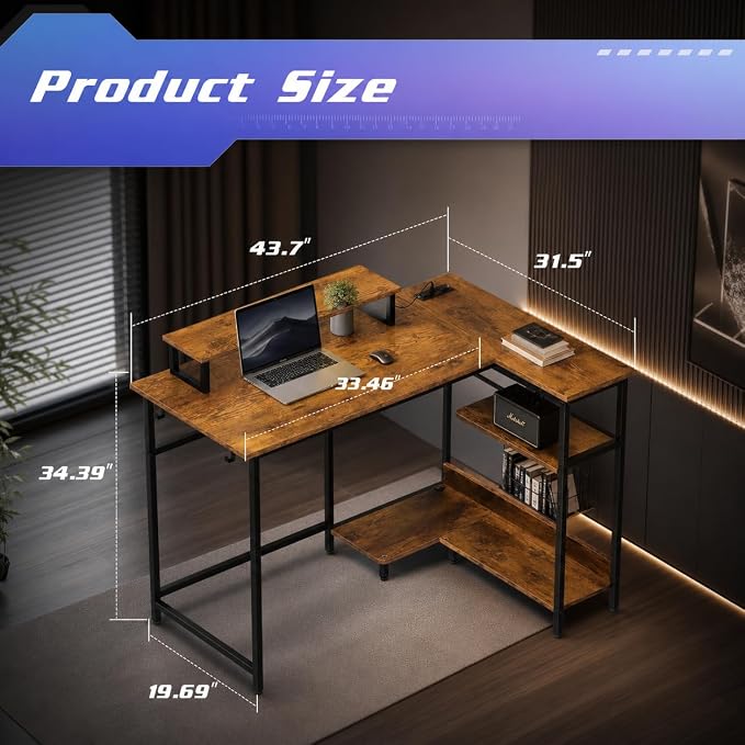 DEVAISE Compact 43" L Shaped Gaming Desk with LED Lights and Power Outlets - Corner Computer Table with Monitor Stand and Storage Shelves for Work and Gaming, Rustic Brown