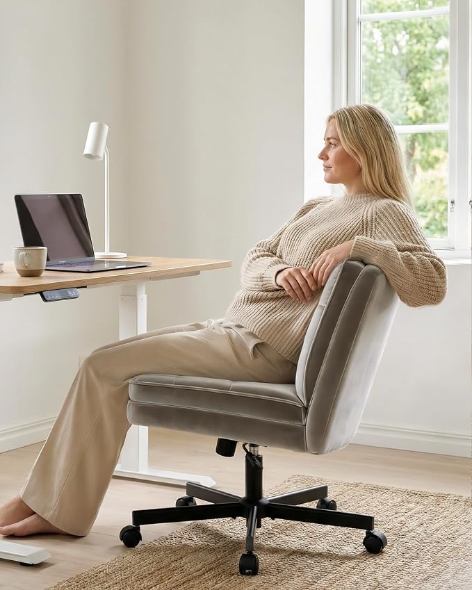 COMHOMA Cross Legged Office Chair with Wheels Armless-Office Desk Chair, Modern Vanity Computer Task Chairs for Home Bedroom, Comfortable Wide Seat for Lower Back Pain Relief, Soft Velvet, Gray