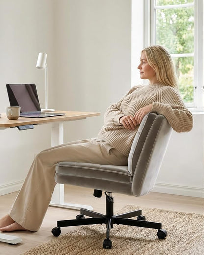 COMHOMA Criss Cross Office Chair with Wheels Armless Desk Chair Comfy, Modern Vanity Chair for Home Bedroom, Comfortable Wide Seat for Lower Back Pain Relief, Soft Velvet, Gray