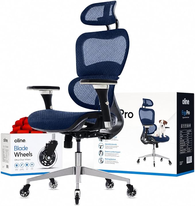 Oline ErgoPro Ergonomic Office Chair - Rolling Desk Chair with 4D Adjustable Armrest, 3D Lumbar Support and Blade Wheels - Mesh Computer Chair, Gaming Chairs, Executive Swivel Chair (Navy Blue)