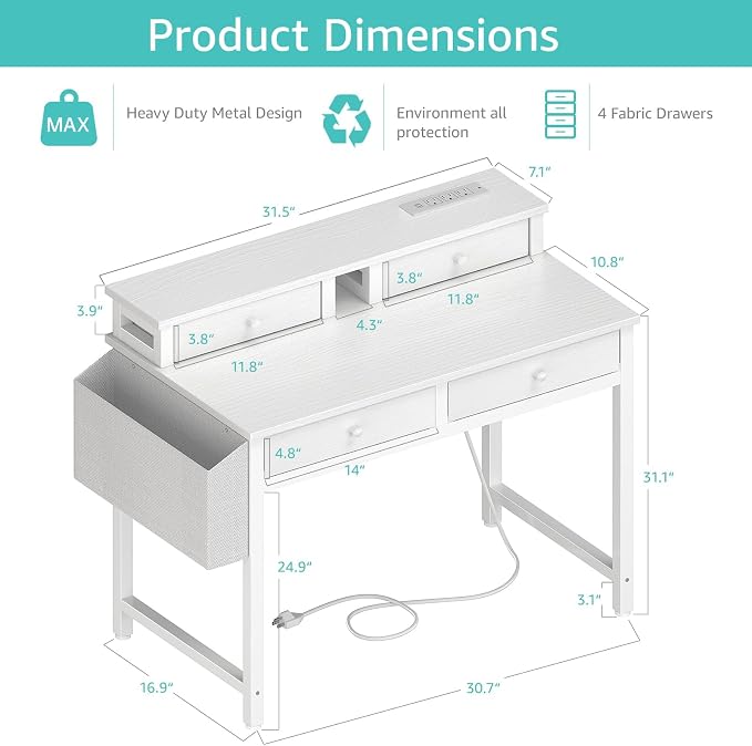 Lufeiya Small White Kids Desk with Fabric Drawers for Bedroom, 32 inch Vanity Makeup Desk with Drawers Storage for Home Office, Writing Study Table with Power Outlet & Monitor Stand, White
