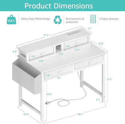 Lufeiya Small White Kids Desk with Fabric Drawers for Bedroom, 32 inch Vanity Makeup Desk with Drawers Storage for Home Office, Writing Study Table with Power Outlet & Monitor Stand, White