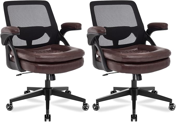 Big and Tall Office Chair, 500lbs Mesh Heavy Duty Ergonomic Desk Chair with Flip-up Armrests, Plus Size Wide Seat in PU Leather, 360 Swivel Computer Executive Task Chair for Home Office (Brown)