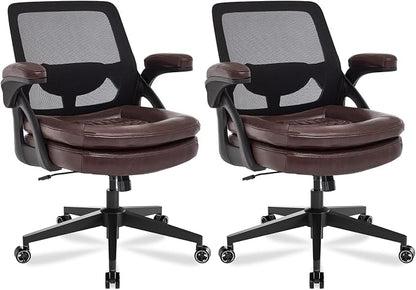 Big and Tall Office Chair, 500lbs Mesh Heavy Duty Ergonomic Desk Chair with Flip-up Armrests, Plus Size Wide Seat in PU Leather, 360 Swivel Computer Executive Task Chair for Home Office (Brown)