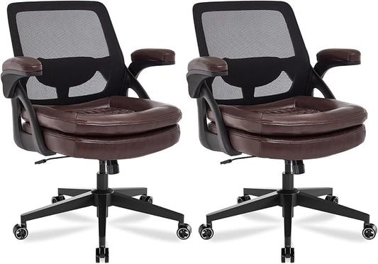 Big and Tall Office Chair, 500lbs Mesh Heavy Duty Ergonomic Desk Chair with Flip-up Armrests, Plus Size Wide Seat in PU Leather, 360 Swivel Computer Executive Task Chair for Home Office (Brown)