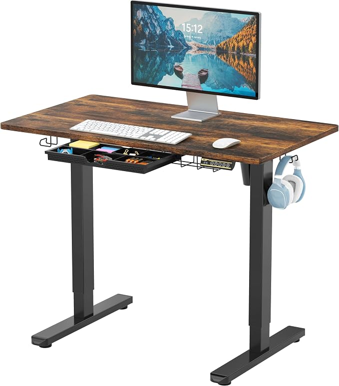 SHW 40-Inch Electric Height Adjustable Standing Desk with Drawer, Memory Preset and Cable Management Tray, Rustic Brown