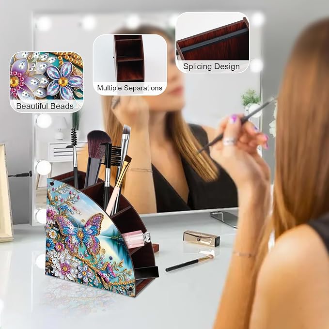 Elegant Butterfly & Floral Diamond Painting Storage Box – Curved Multi-Compartment Wooden Organizer with DIY Diamond Art Decoration for Adults