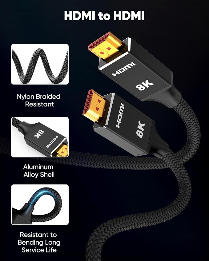Capshi 2ft 8K 4K@120Hz HDMI Cable 2.1, 48Gbps High Speed Cord | for PS5/4, TV, Gaming Console, Monitor, 8K@60Hz, 2K@240Hz, 144Hz, Support HDR, eARC, DTS:X, HDCP 2.2 & 2.3, Braided, Black