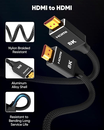 Capshi 2ft 8K 4K@120Hz HDMI Cable 2.1, 48Gbps High Speed Cord | for PS5/4, TV, Gaming Console, Monitor, 8K@60Hz, 2K@240Hz, 144Hz, Support HDR, eARC, DTS:X, HDCP 2.2 & 2.3, Braided, Black