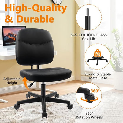 CLATINA Armless Home Office Chair, Small PU Leather Ergonomic Low Back Desk Chair with Lumbar Support and Wheels, Adjustable Height 360° Swivel Rolling Computer Task Chair, Black, 8 Pack
