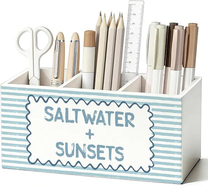 Blue Beach Pen Pencil Holder for Desk, Beach Office Decor, Coastal Ocean Saltwater and Sunsets Beachy Wooden Box Sign Decorations for Home Office Desk Tabletop