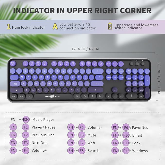 FOPETT Wireless Keyboard and Mouse Combo, 104 Keys Full-Sized 2.4 GHz Round Keycap Colorful Keyboards, USB Receiver Plug and Play, for Windows, Mac, PC, Laptop, Desktop (GradientPurple)