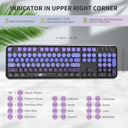 FOPETT Wireless Keyboard and Mouse Combo - 2.4G Full-Sized Cute Colorful Mouse and Keyboard with 104 Round Keys Retro Typewriter Keyboard for Laptop/Windows/PC - Black Purple