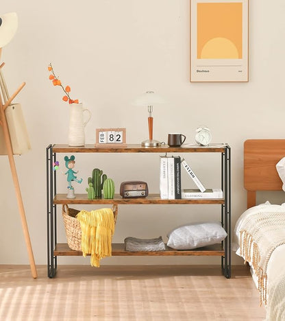 HCHQHS 3-Tier Rustic Wood and Metal Industrial Bookcase - 40in, for Home Office, Bedroom, Kitchen, Bathroom