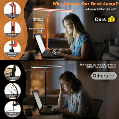 Airlonv LED Desk Lamp for Office Home, Eye-Caring Desk Light with Stepless Dimming Adjustable Flexible Gooseneck, 10W USB Adapter Desk Lamp with Clamp for Reading, Study, Workbench (Orange)